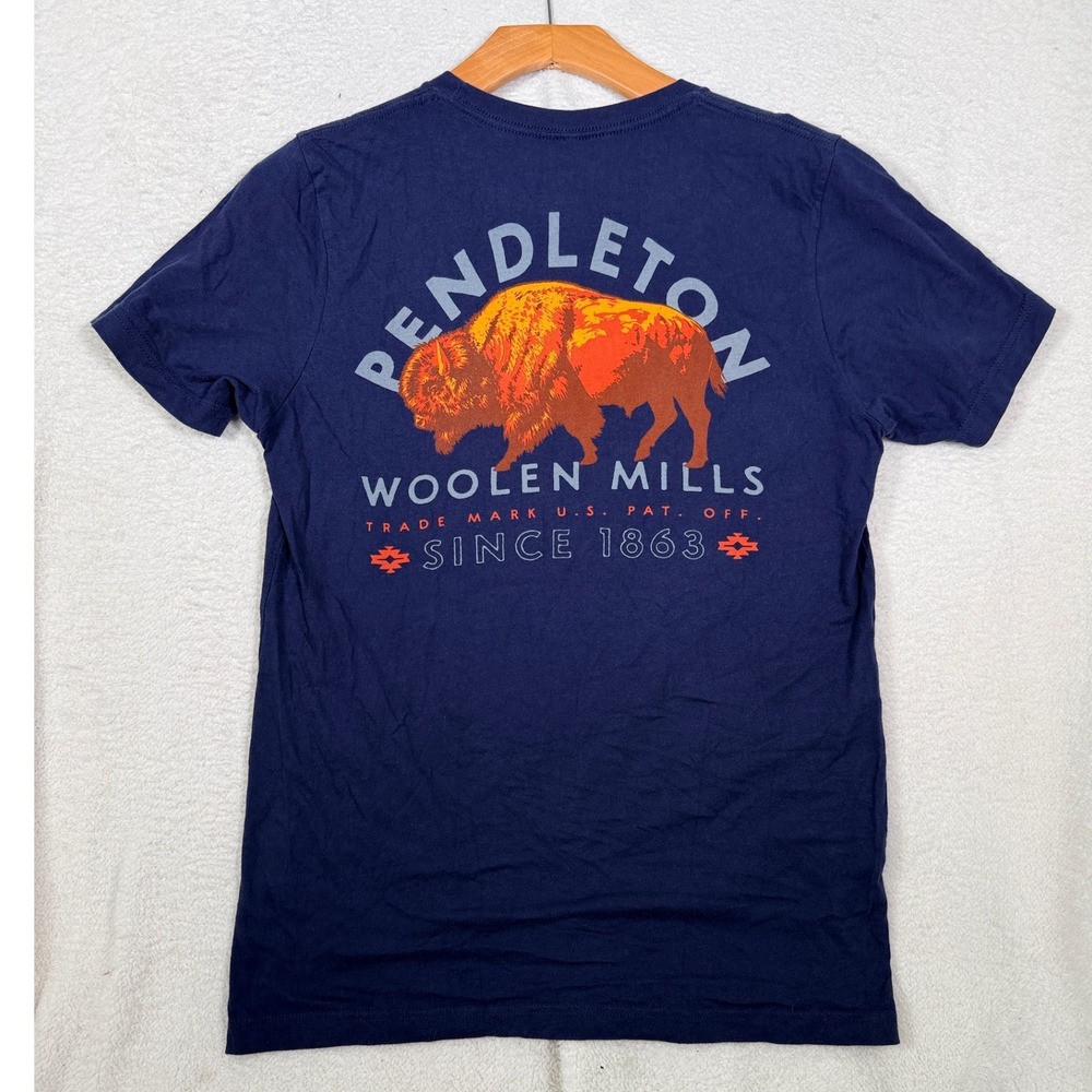Pendleton Woolen Mills Graphic T-Shirt, Navy Blue M Bison Buffalo Logo 1863